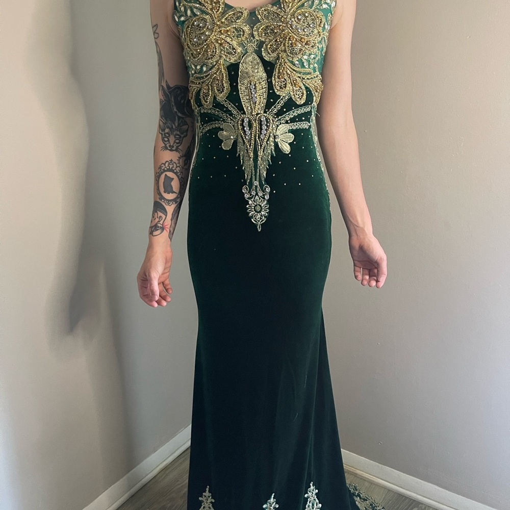 Elegant Green and Gold Evening Gown